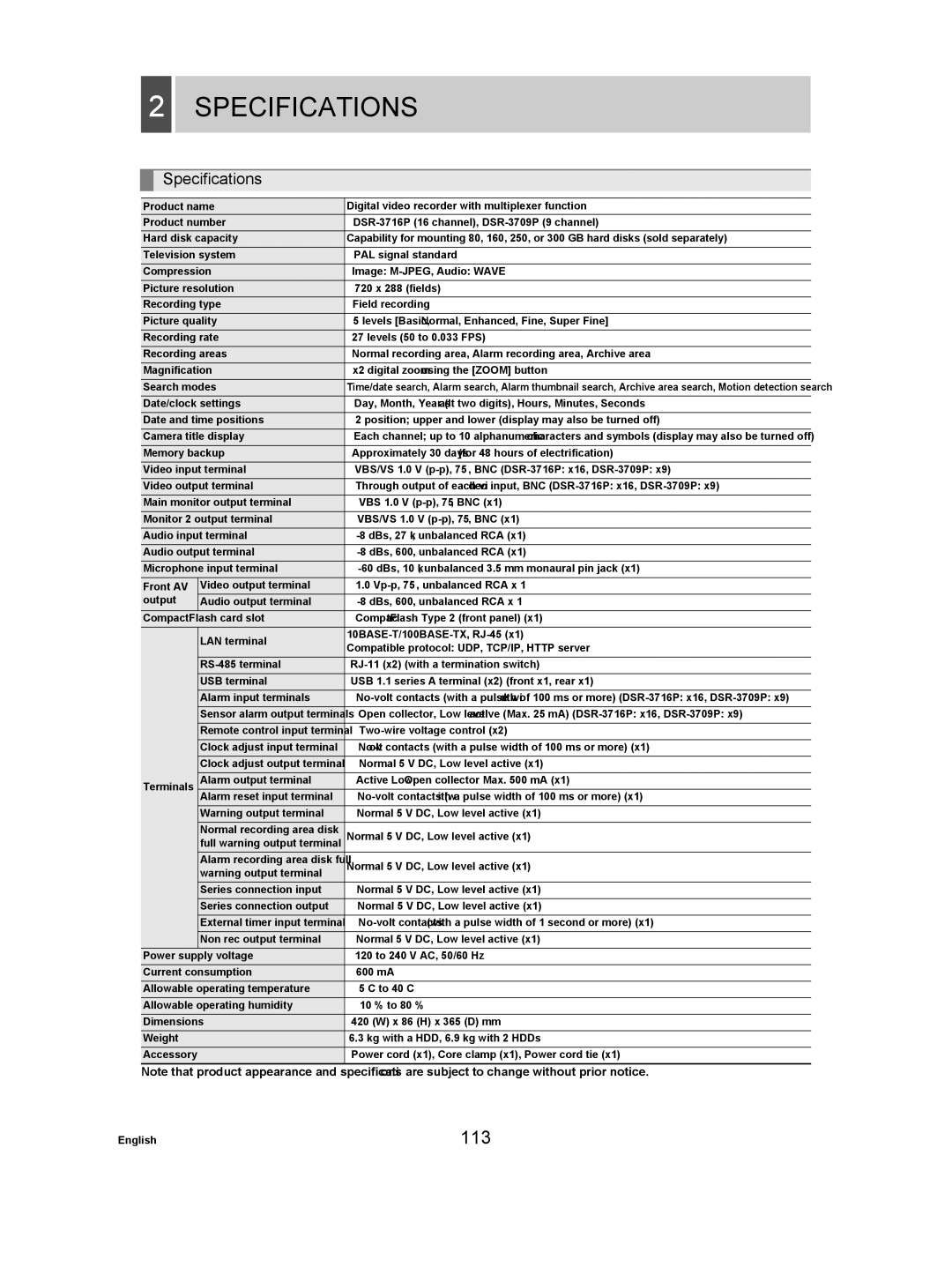 Sanyo DSR-3709P manual Specifications, 113 