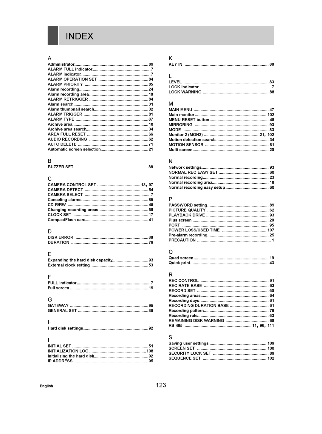 Sanyo DSR-3709P manual Index, 123 