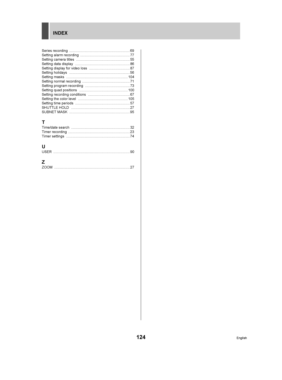 Sanyo DSR-3709P manual Index, Setting recording conditions Setting the color level 