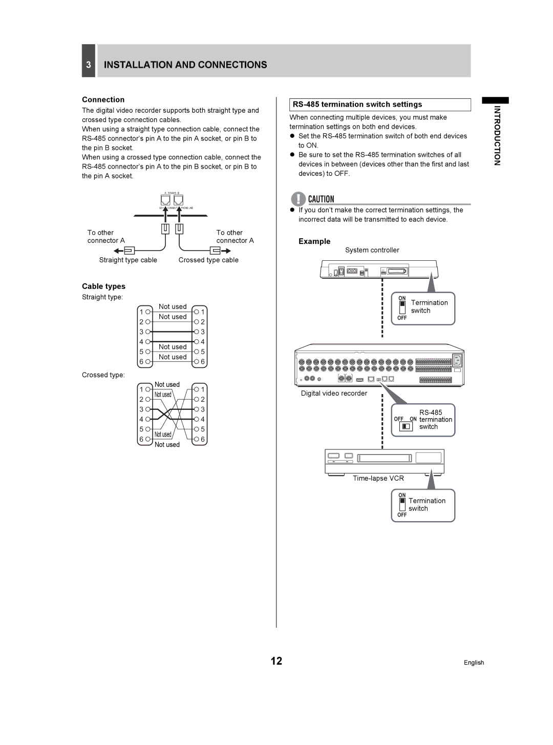 Sanyo DSR-3709P manual Installation and Connections, Cable types, RS-485 termination switch settings, Example 