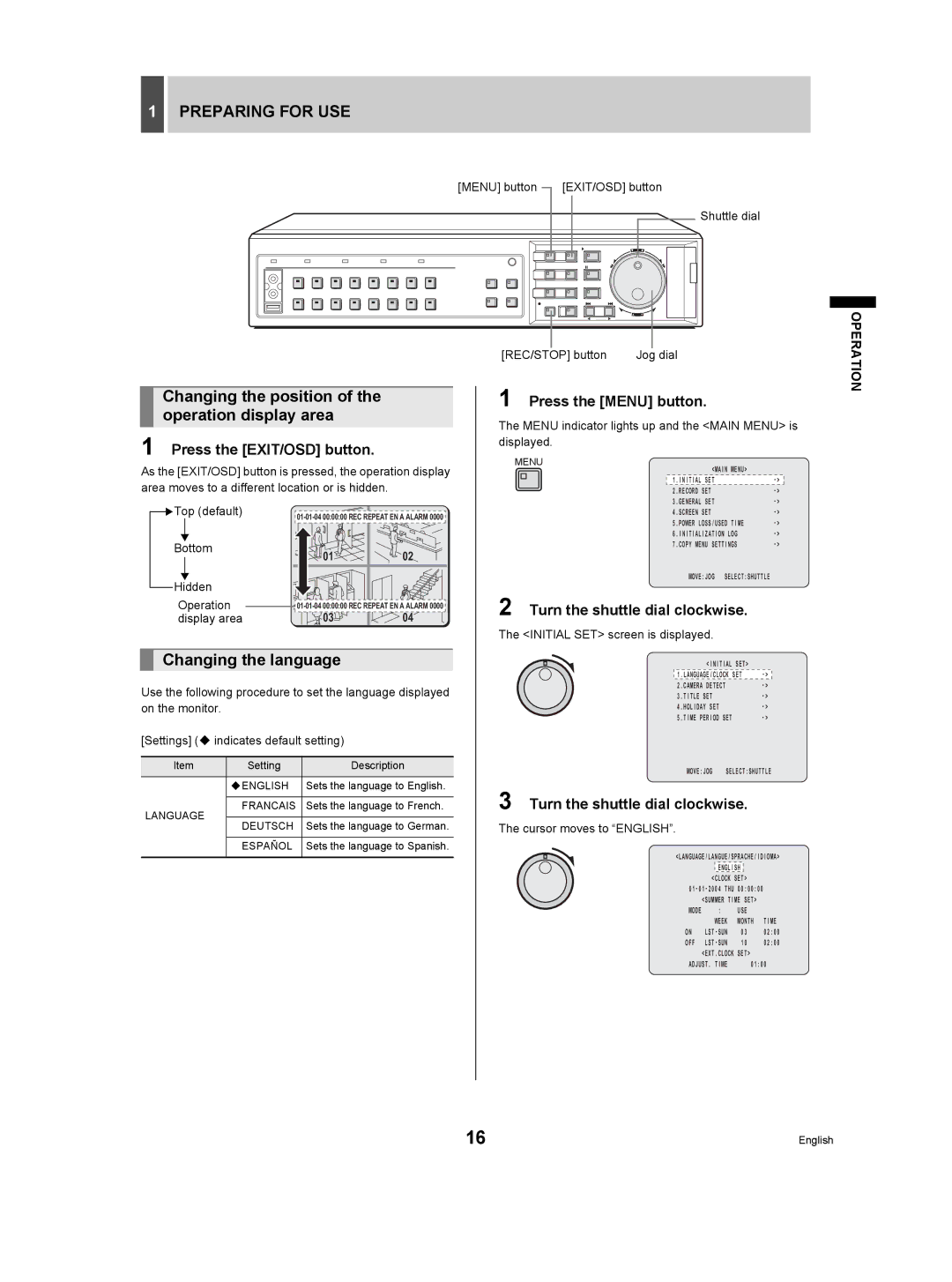 Sanyo DSR-3709P manual Preparing for USE, Changing the position of the operation display area, Changing the language 