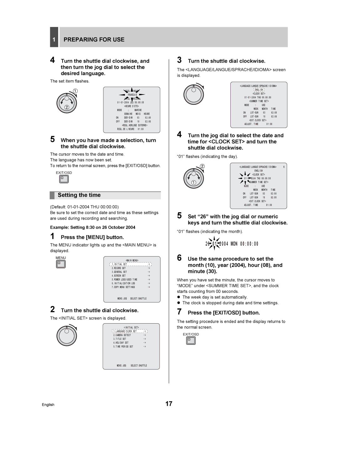 Sanyo DSR-3709P manual Setting the time, Example Setting 830 on 26 October 