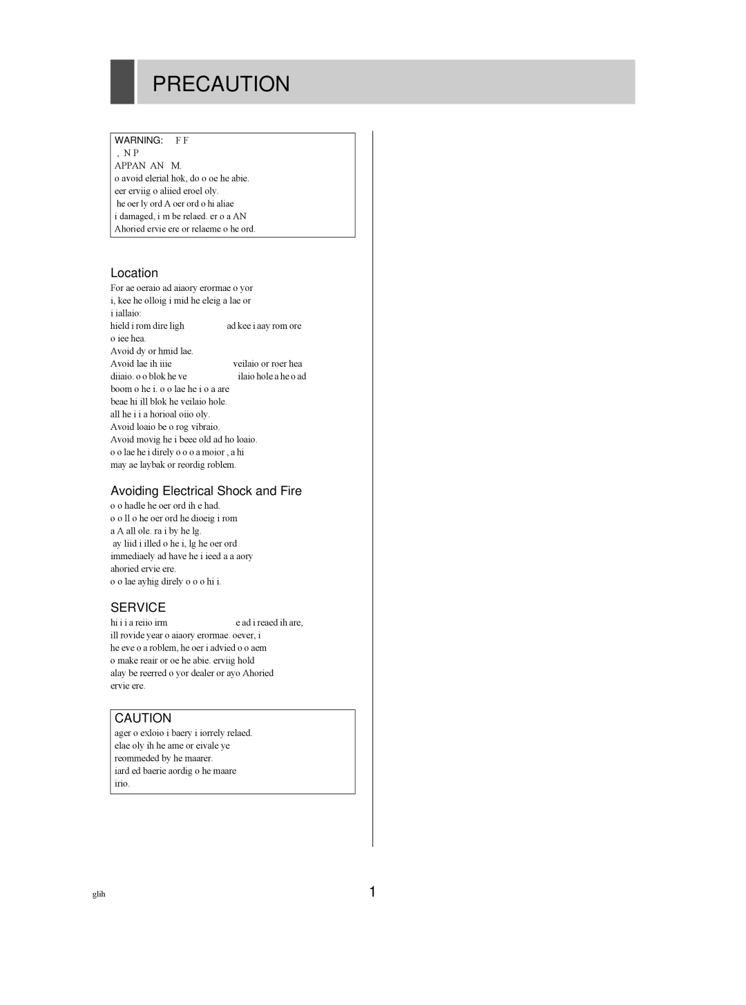 Sanyo DSR-3709P manual Precaution, Location, Avoiding Electrical Shock and Fire, Service 