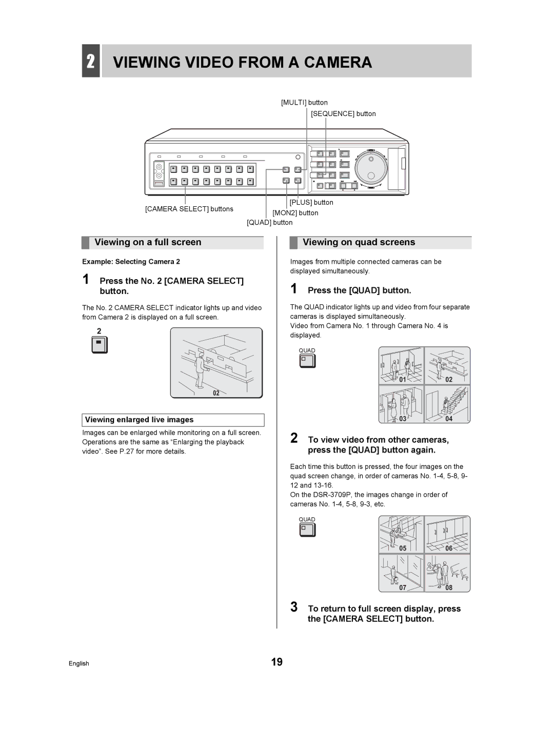 Sanyo DSR-3709P Viewing Video from a Camera, Viewing on a full screen, Viewing on quad screens, Press the Quad button 