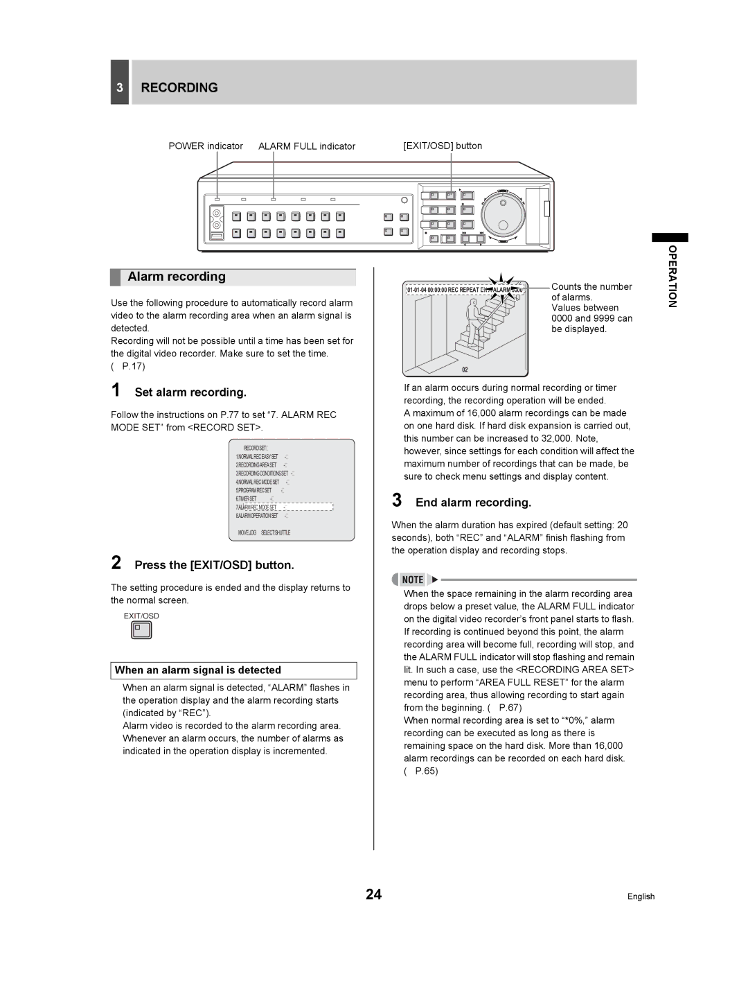 Sanyo DSR-3709P Recording, Alarm recording, Set alarm recording, End alarm recording, When an alarm signal is detected 