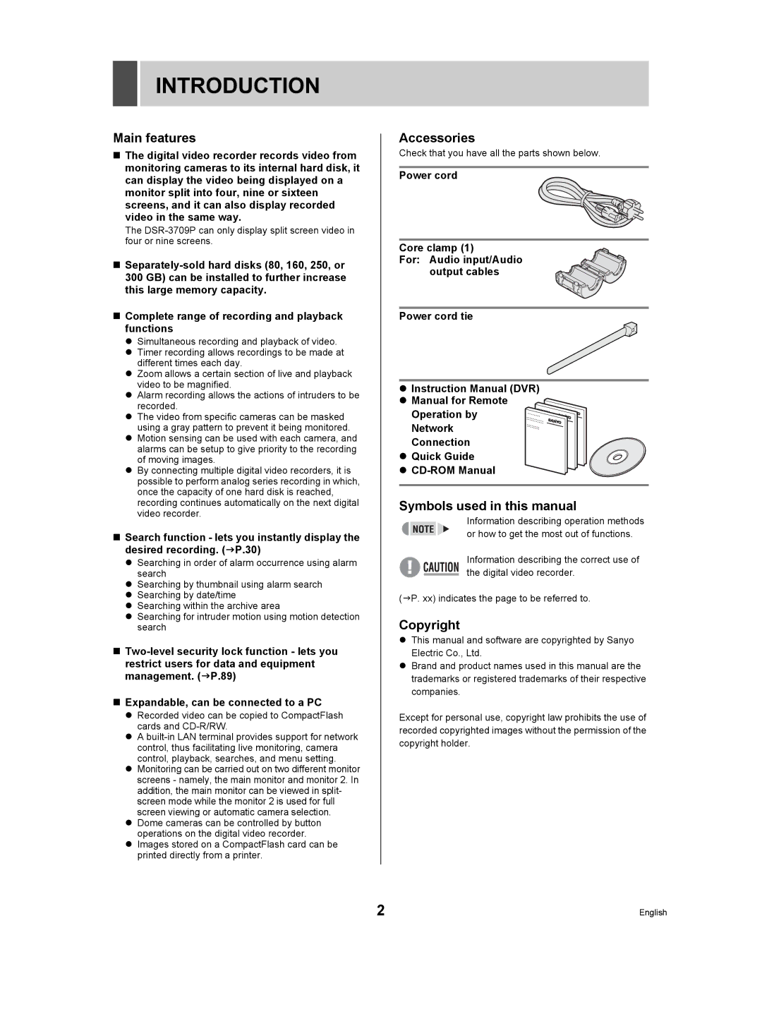 Sanyo DSR-3709P Introduction, Main features, Accessories, Symbols used in this manual, Copyright 