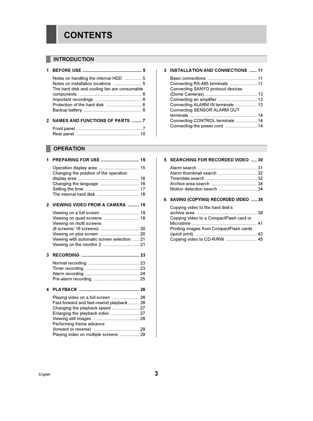 Sanyo DSR-3709P manual Contents 