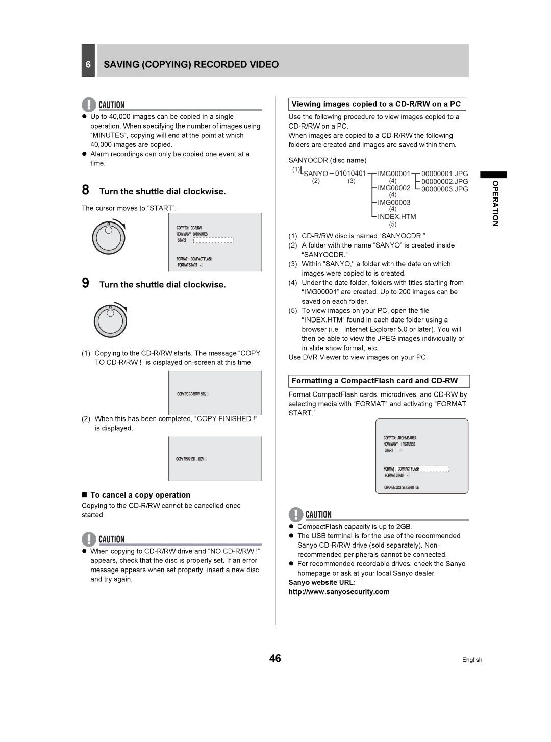 Sanyo DSR-3709P manual Viewing images copied to a CD-R/RW on a PC, Formatting a CompactFlash card and CD-RW 