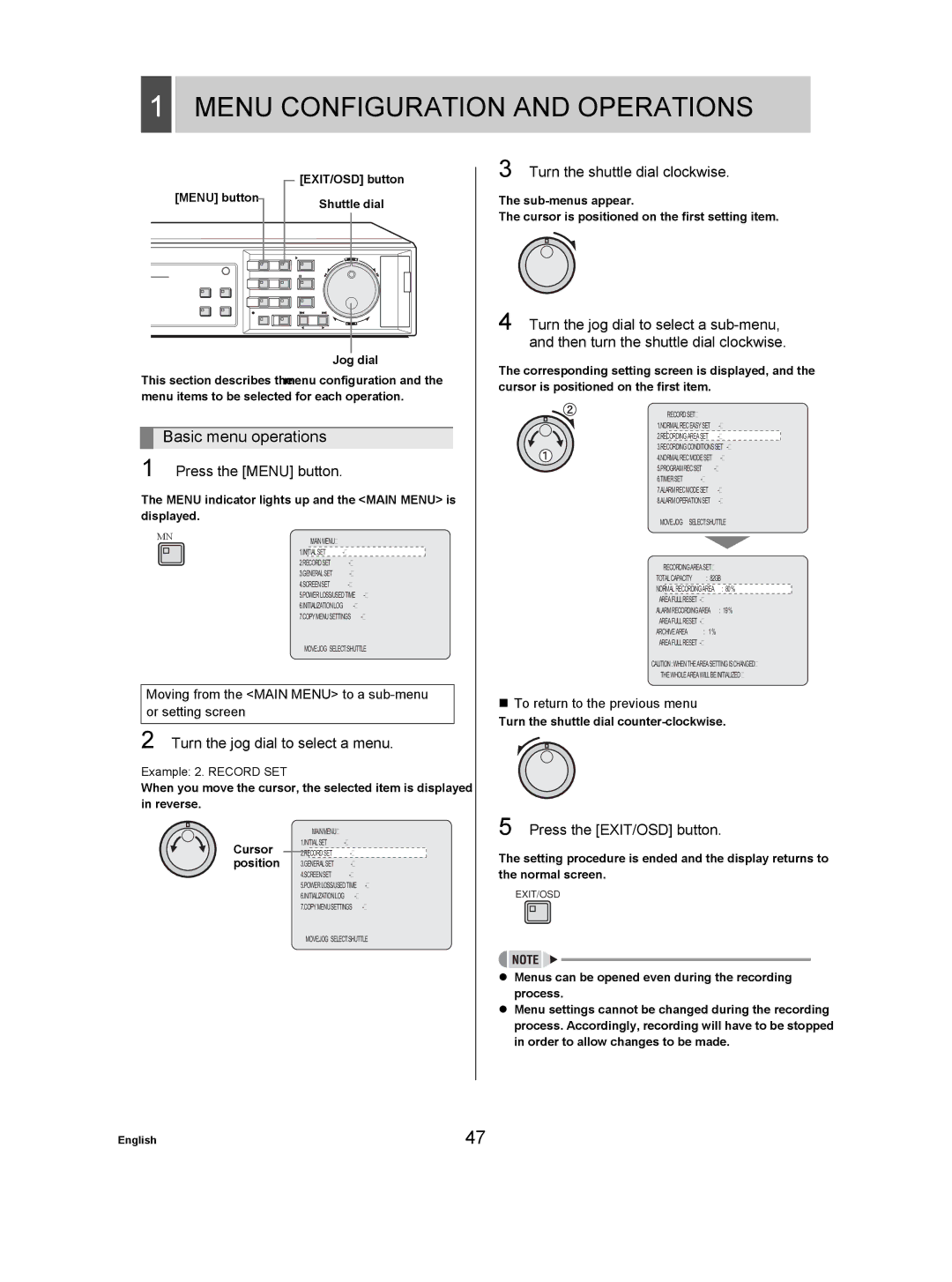 Sanyo DSR-3709P manual Menu Configuration and Operations, Basic menu operations, Turn the jog dial to select a menu 