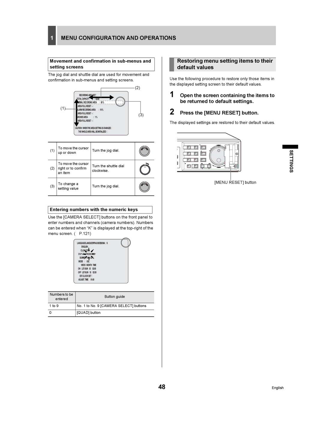 Sanyo DSR-3709P manual Menu Configuration and Operations, Restoring menu setting items to their default values 