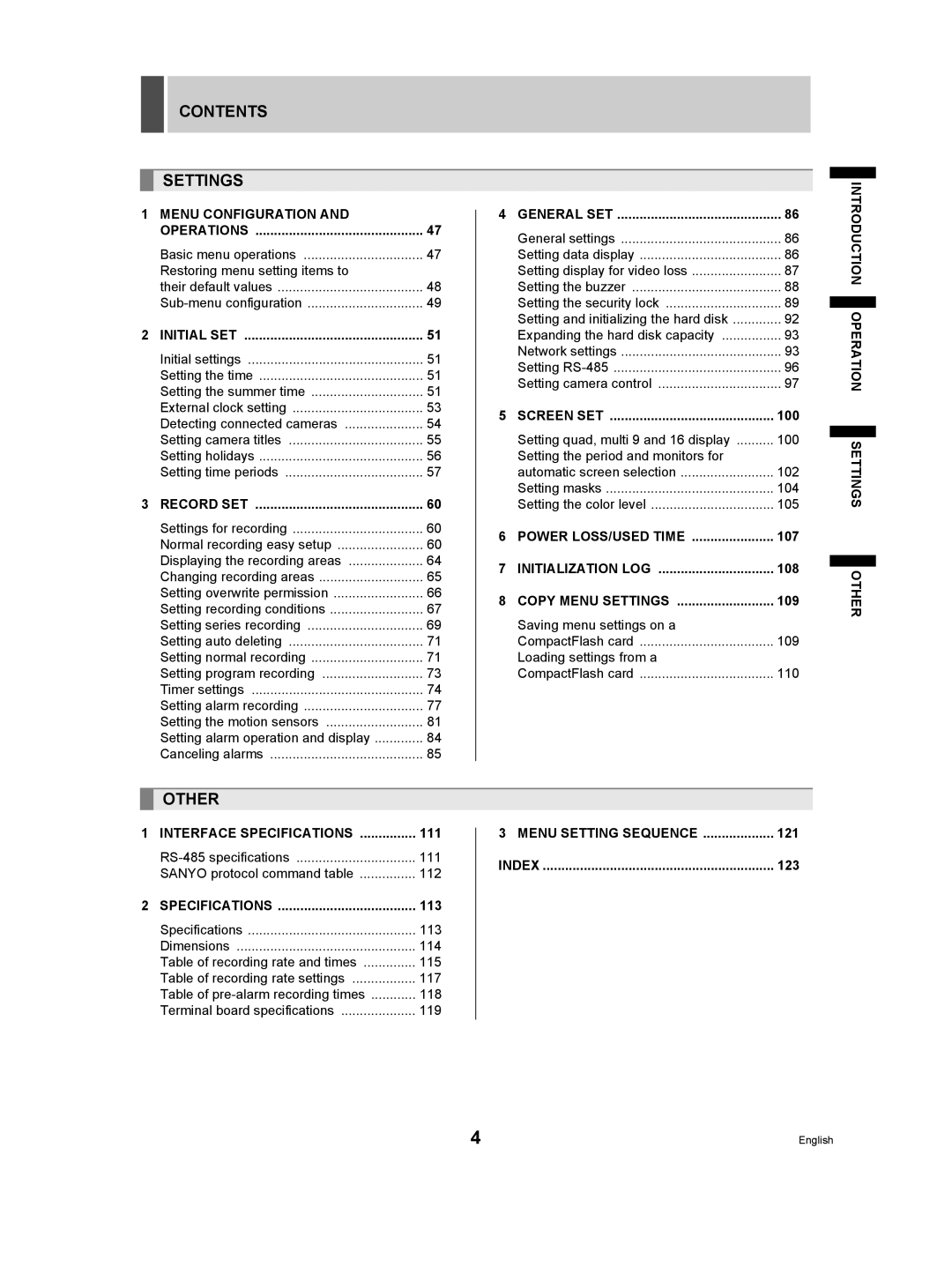 Sanyo DSR-3709P manual Contents Settings, Other 