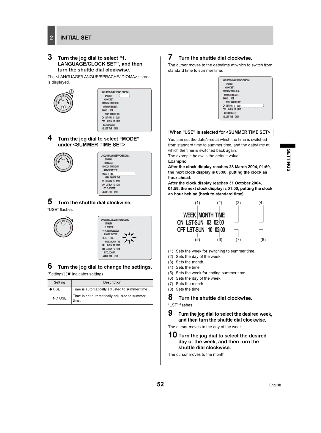 Sanyo DSR-3709P manual Initial SET, Turn the jog dial to select Mode under Summer Time SET 