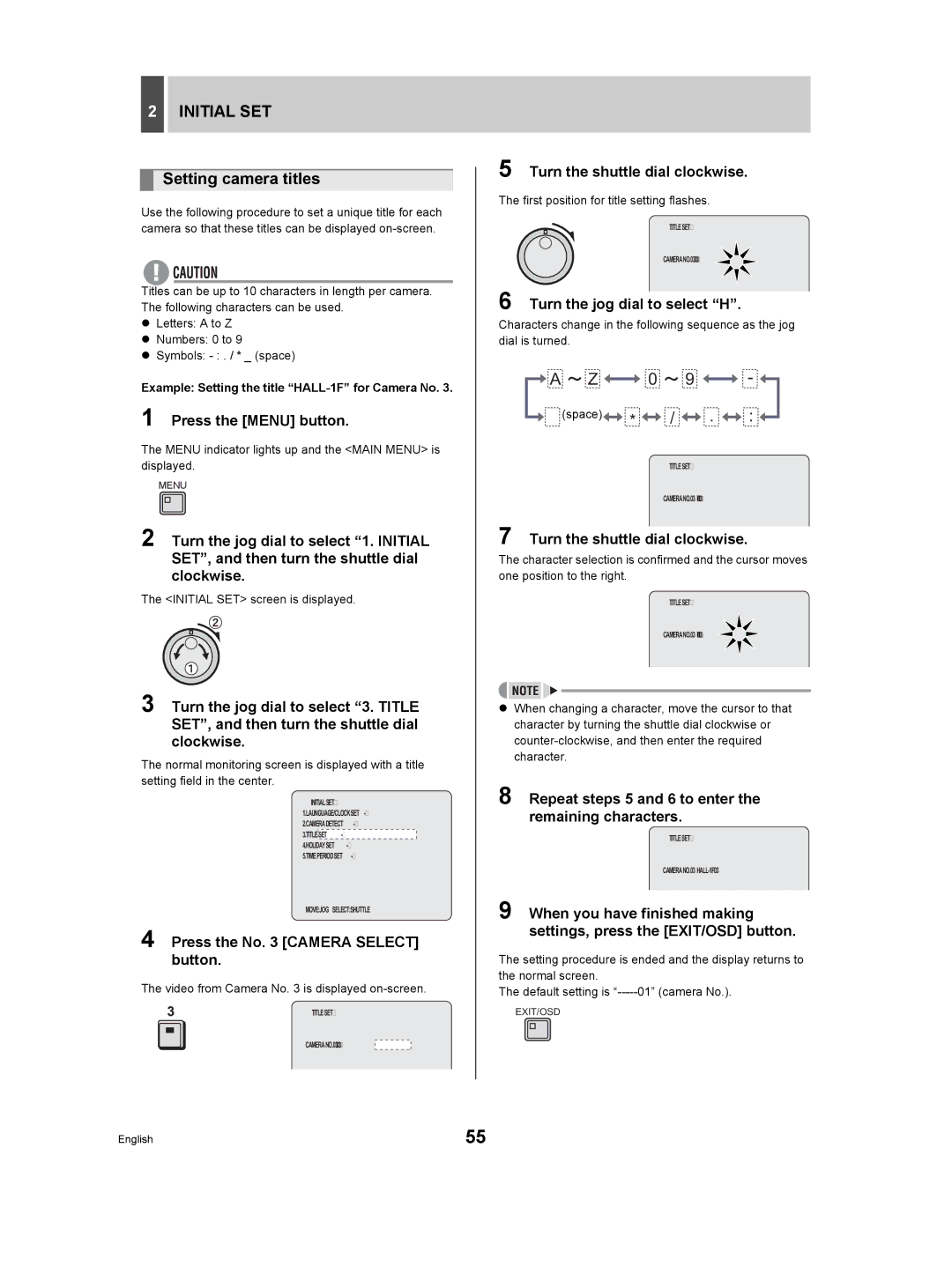 Sanyo DSR-3709P Setting camera titles, Turn the jog dial to select H, Example Setting the title HALL-1F for Camera No 