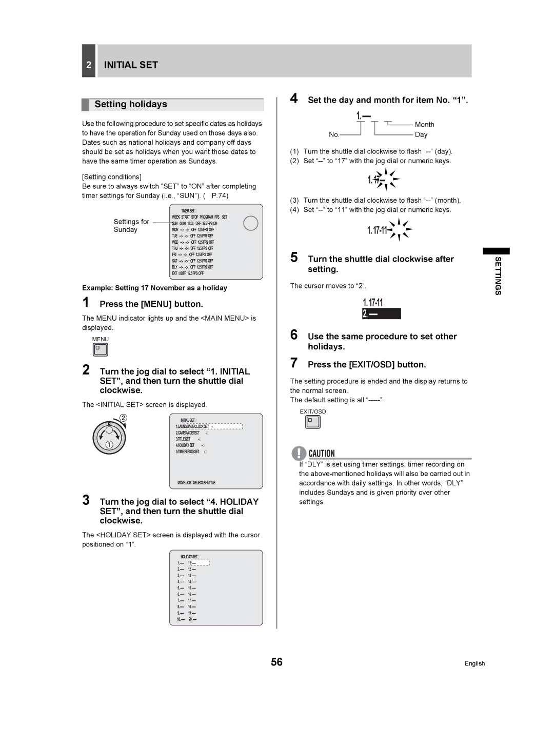 Sanyo DSR-3709P manual Setting holidays, Set the day and month for item No, Turn the shuttle dial clockwise after setting 