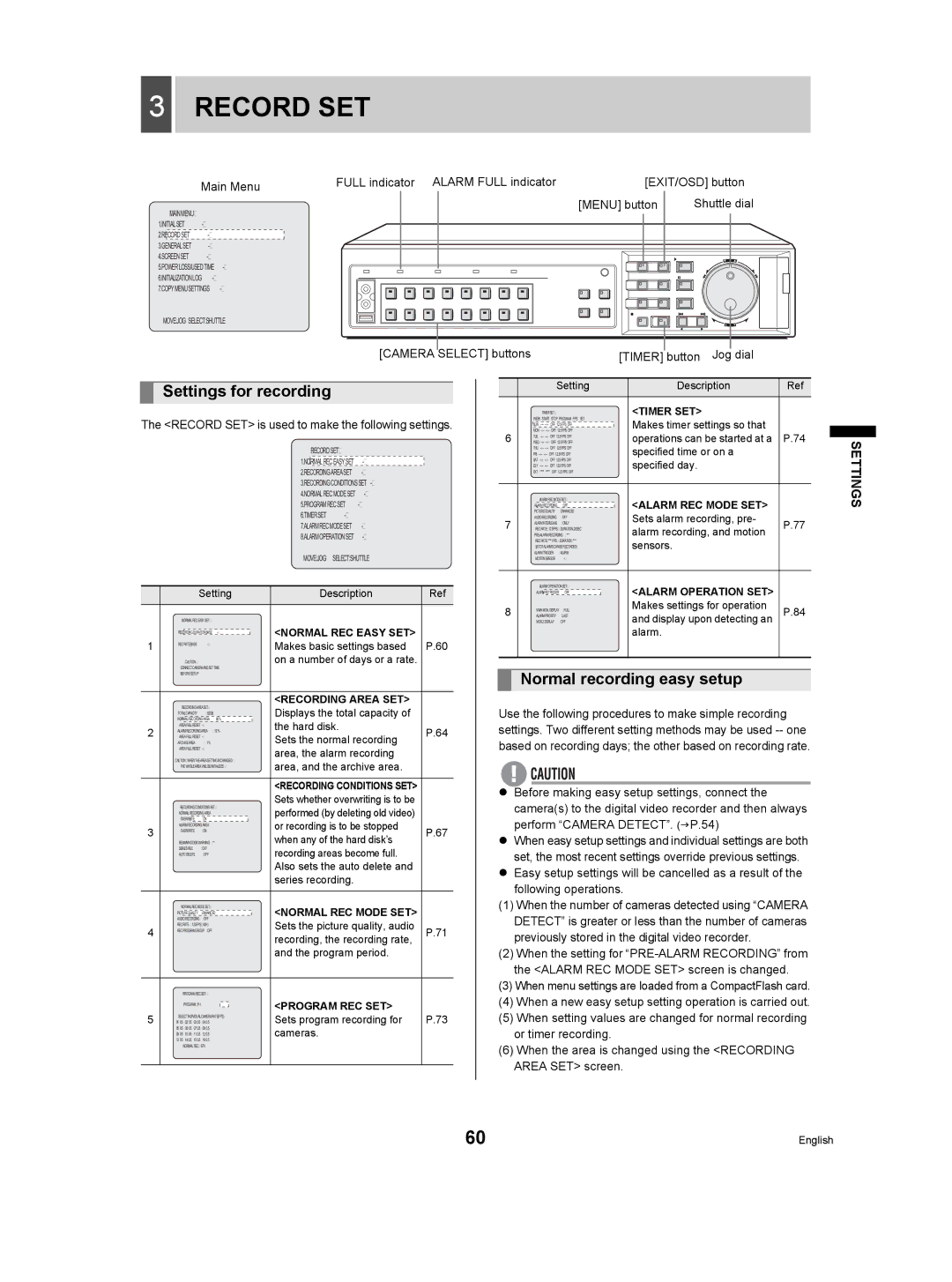 Sanyo DSR-3709P manual Record SET, Settings for recording, Normal recording easy setup 