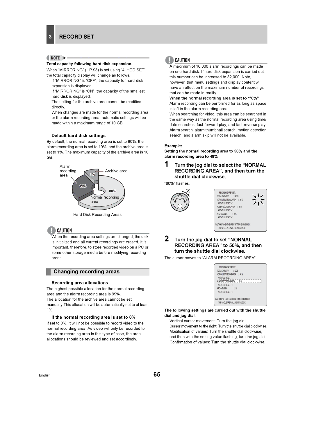 Sanyo DSR-3709P manual Changing recording areas, „ Default hard disk settings, „ Recording area allocations 