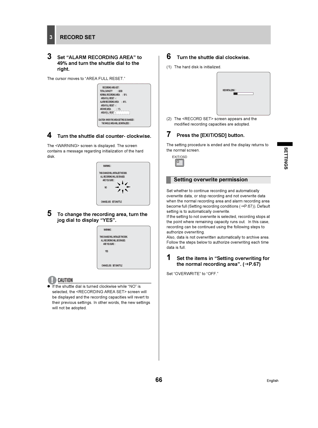 Sanyo DSR-3709P Setting overwrite permission, Turn the shuttle dial counter- clockwise, Cursor moves to Area Full Reset 