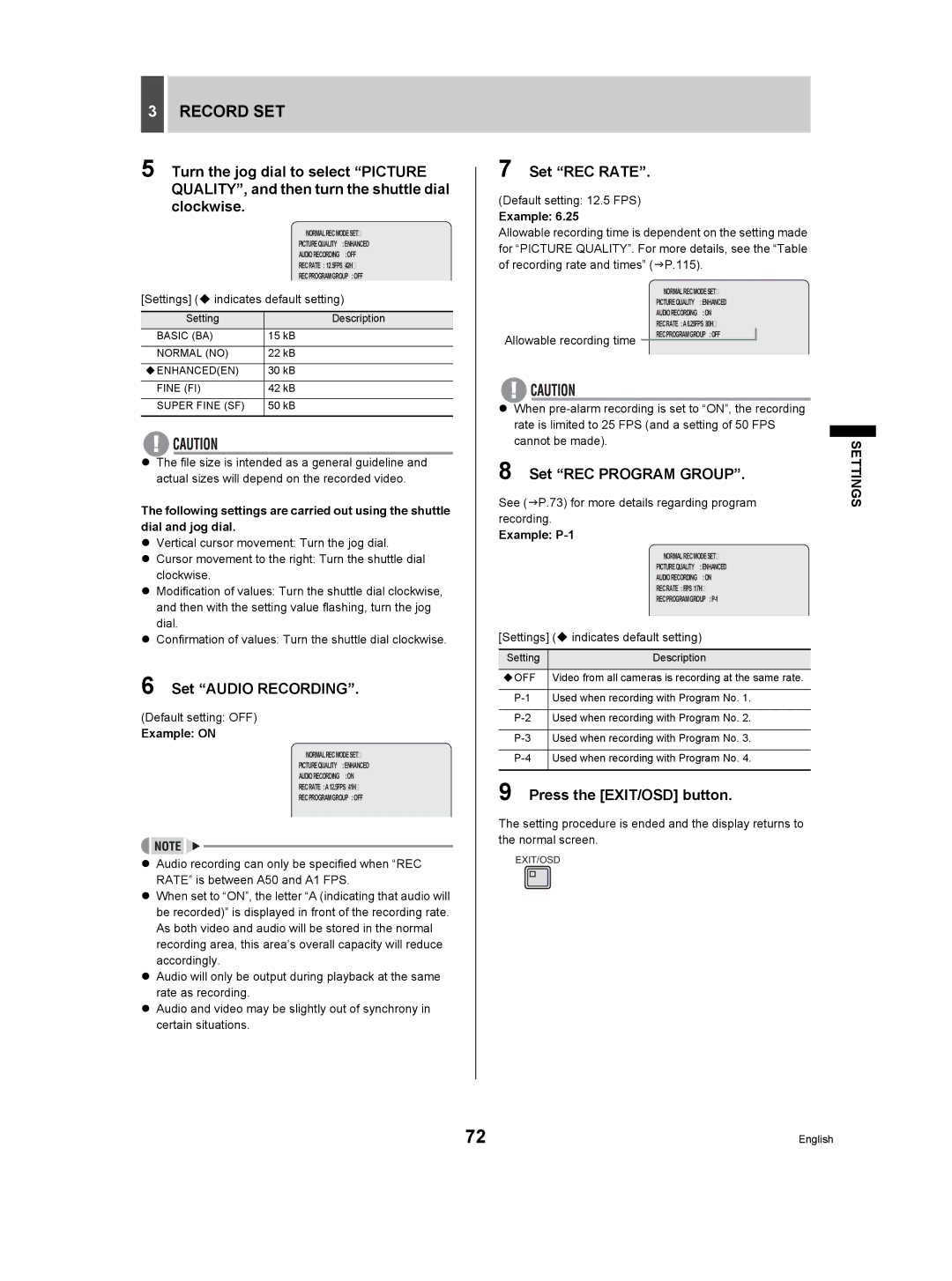 Sanyo DSR-3709P manual Set REC Rate, Set REC Program Group, Example P-1 