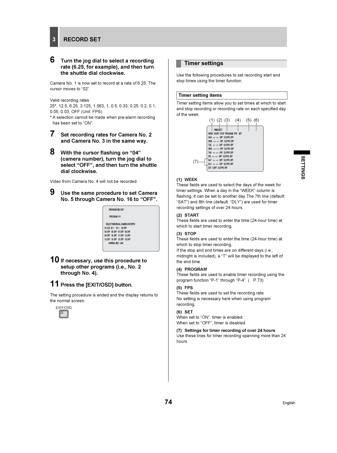 Sanyo DSR-3709P manual Timer settings, Timer setting items, Start 