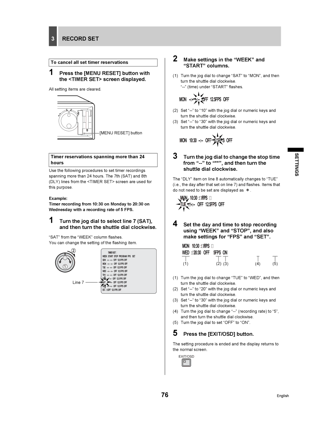 Sanyo DSR-3709P manual Make settings in the Week and Start columns, To cancel all set timer reservations, Line 