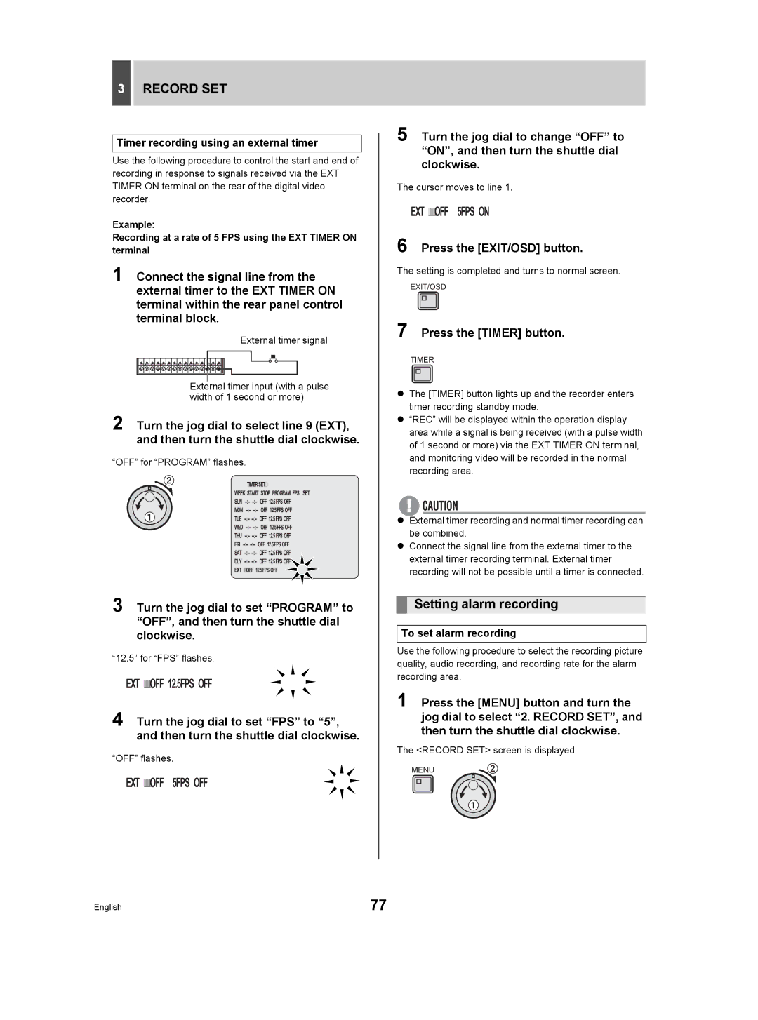 Sanyo DSR-3709P manual Setting alarm recording, Timer recording using an external timer, To set alarm recording 