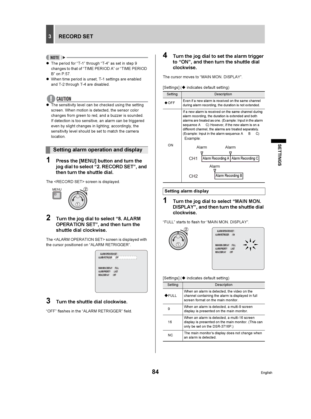 Sanyo DSR-3709P manual Setting alarm operation and display, Setting alarm display, OFF flashes in the Alarm Retrigger field 