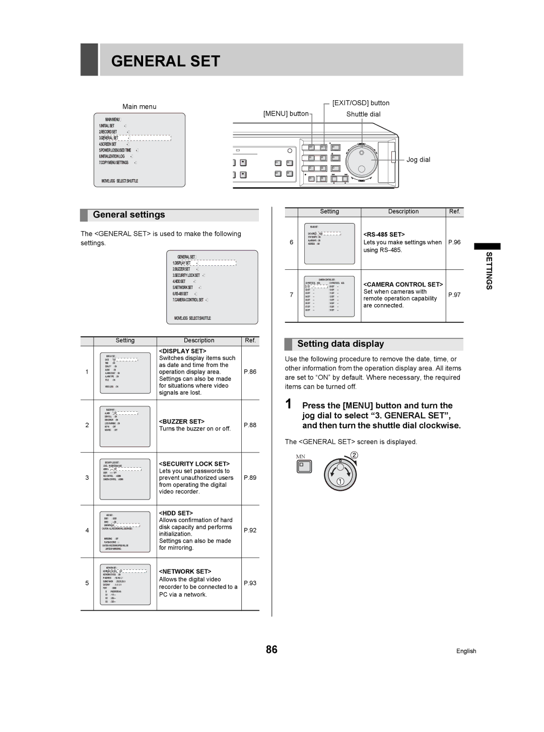 Sanyo DSR-3709P manual General SET, General settings, Setting data display, EXIT/OSD button Shuttle dial 