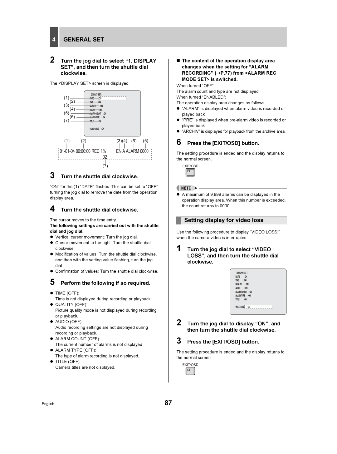 Sanyo DSR-3709P manual General SET, Setting display for video loss, Perform the following if so required 