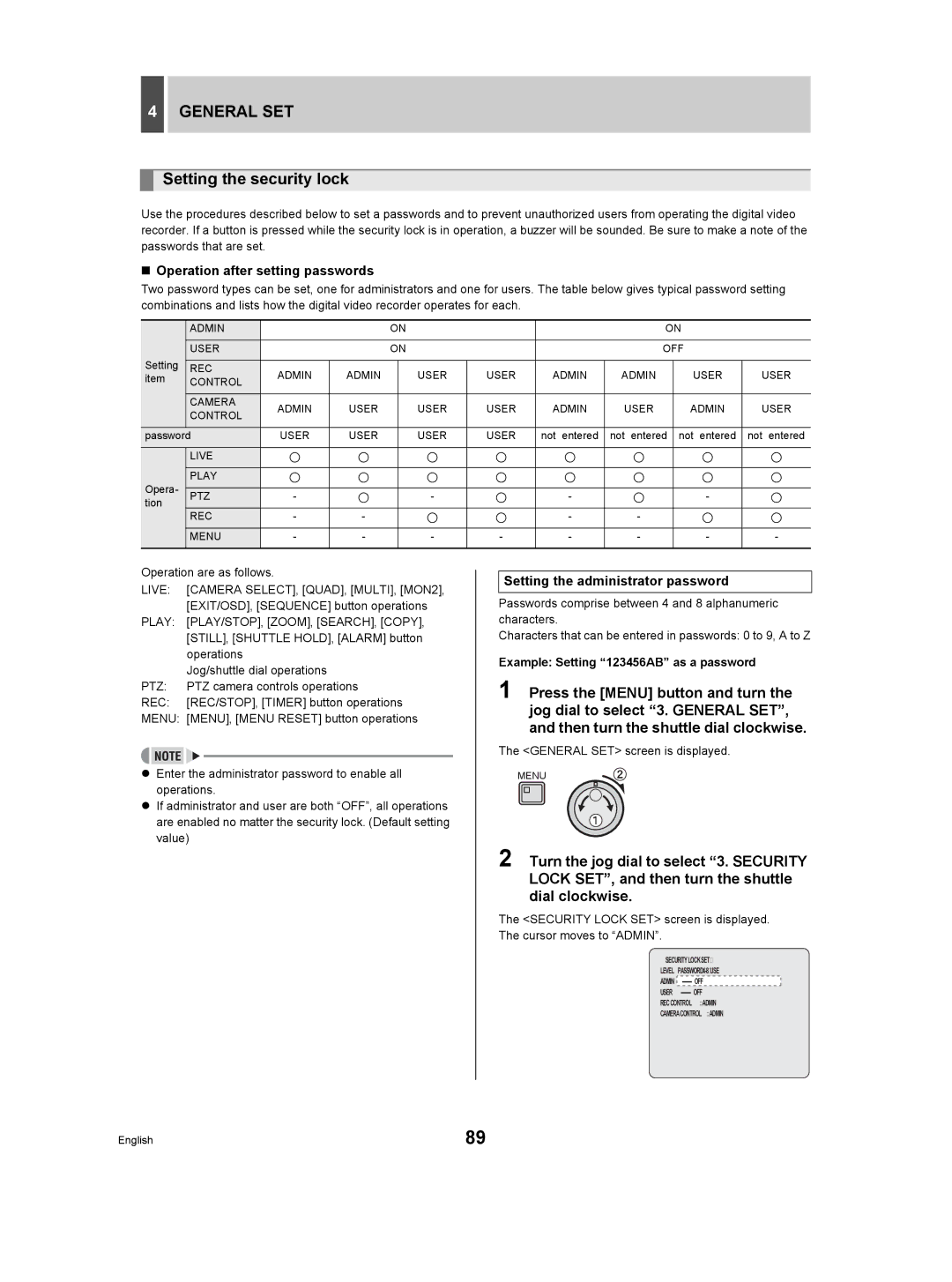 Sanyo DSR-3709P manual Setting the security lock, „ Operation after setting passwords, Setting the administrator password 