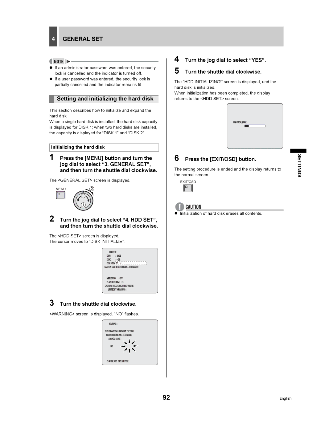 Sanyo DSR-3709P manual Setting and initializing the hard disk, Initializing the hard disk 