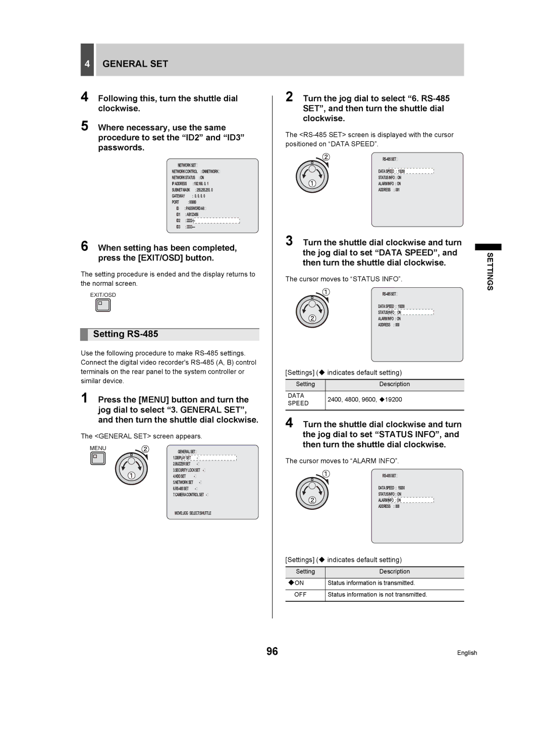 Sanyo DSR-3709P Setting RS-485, When setting has been completed, press the EXIT/OSD button, General SET screen appears 