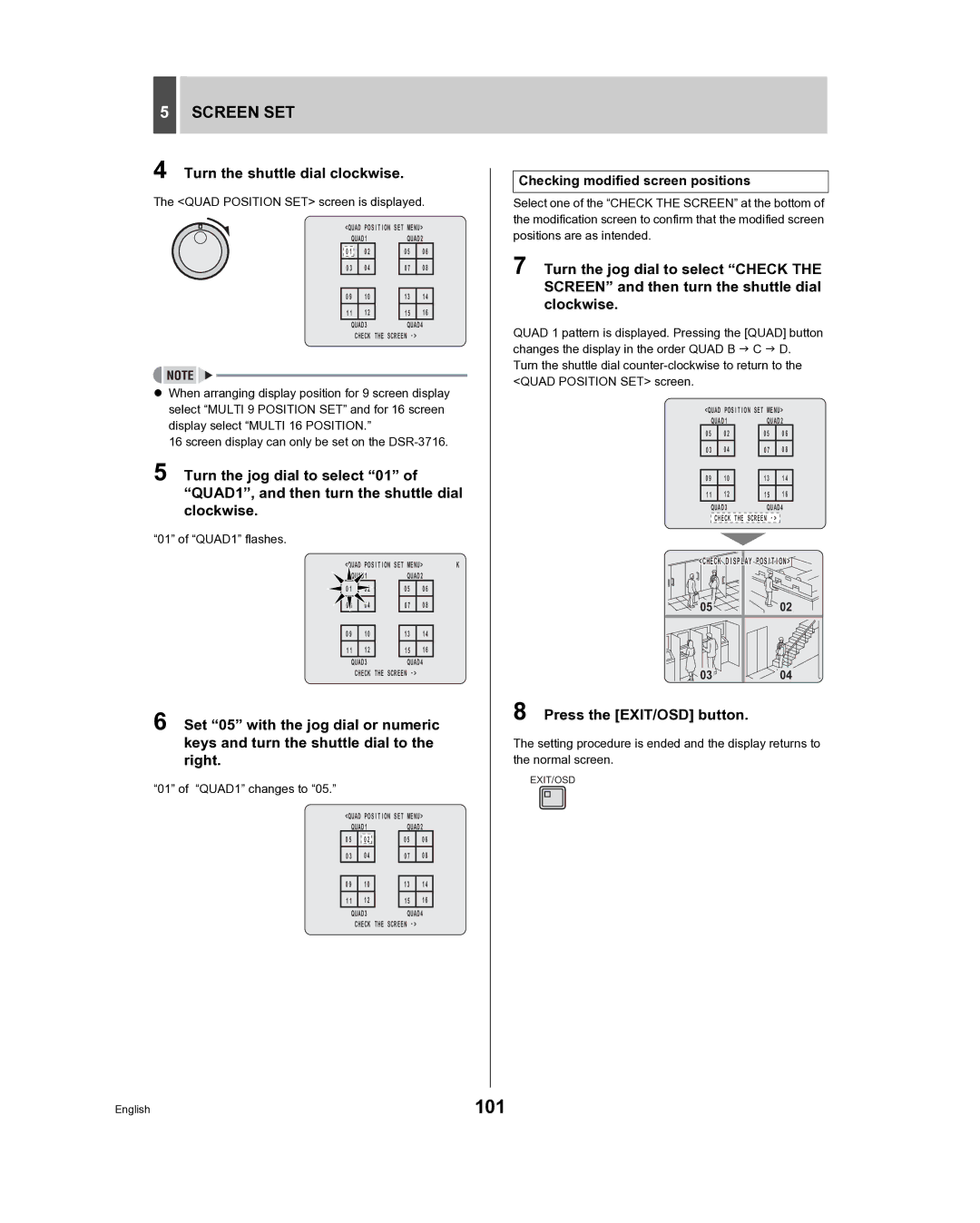 Sanyo DSR-3716, DSR-3709 instruction manual 101, Screen SET, Checking modified screen positions 