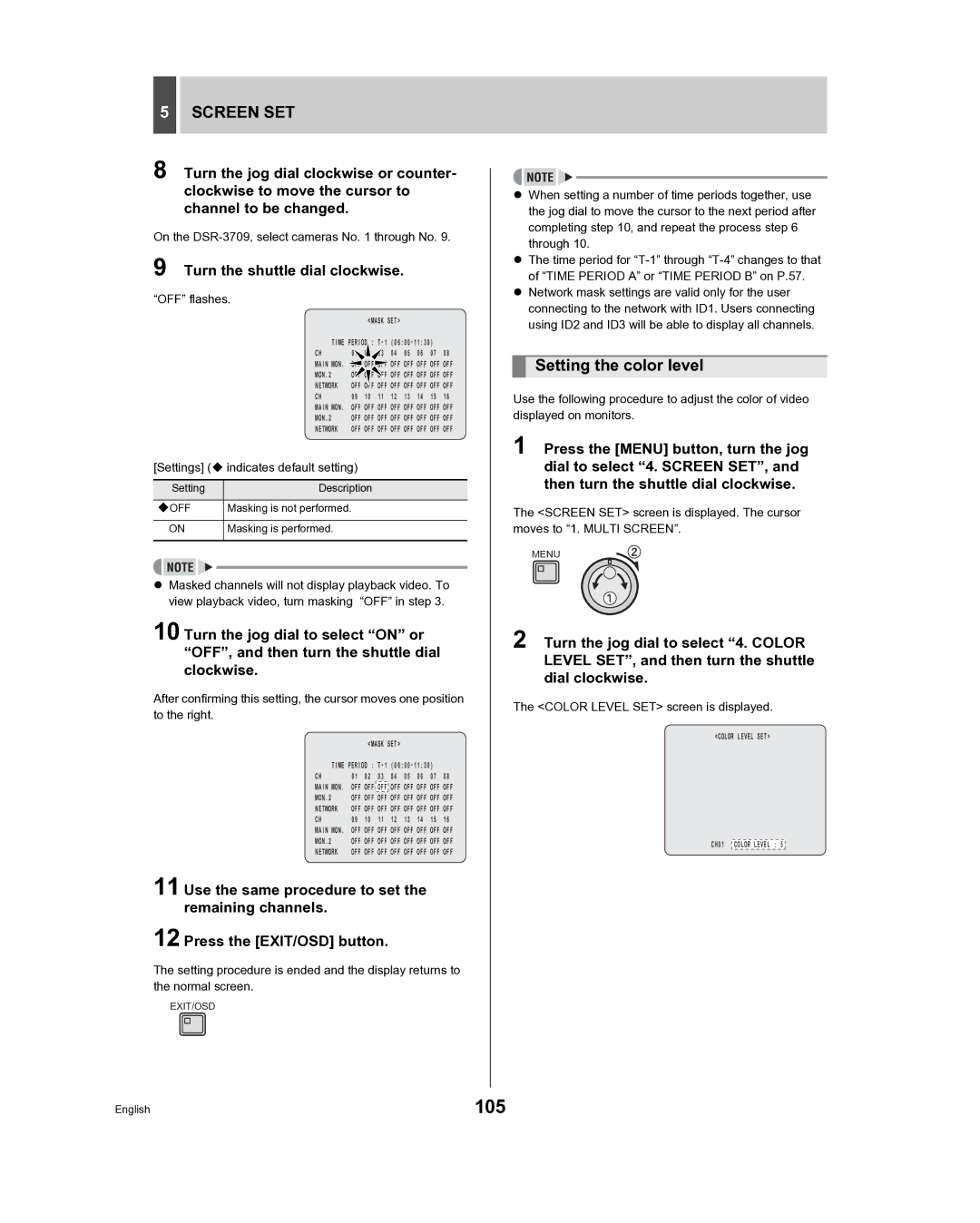 Sanyo DSR-3716, DSR-3709 instruction manual 105, Setting the color level, Color Level SET screen is displayed 