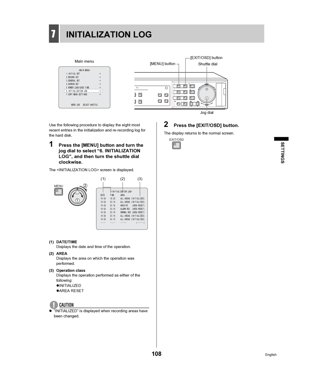 Sanyo DSR-3709, DSR-3716 instruction manual Initialization LOG, Area, Operation class 