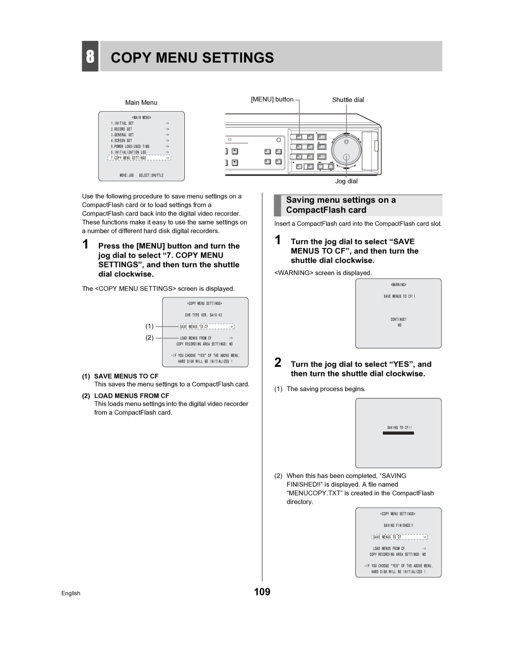 Sanyo DSR-3716, DSR-3709 instruction manual Copy Menu Settings, 109, Saving menu settings on a, CompactFlash card 