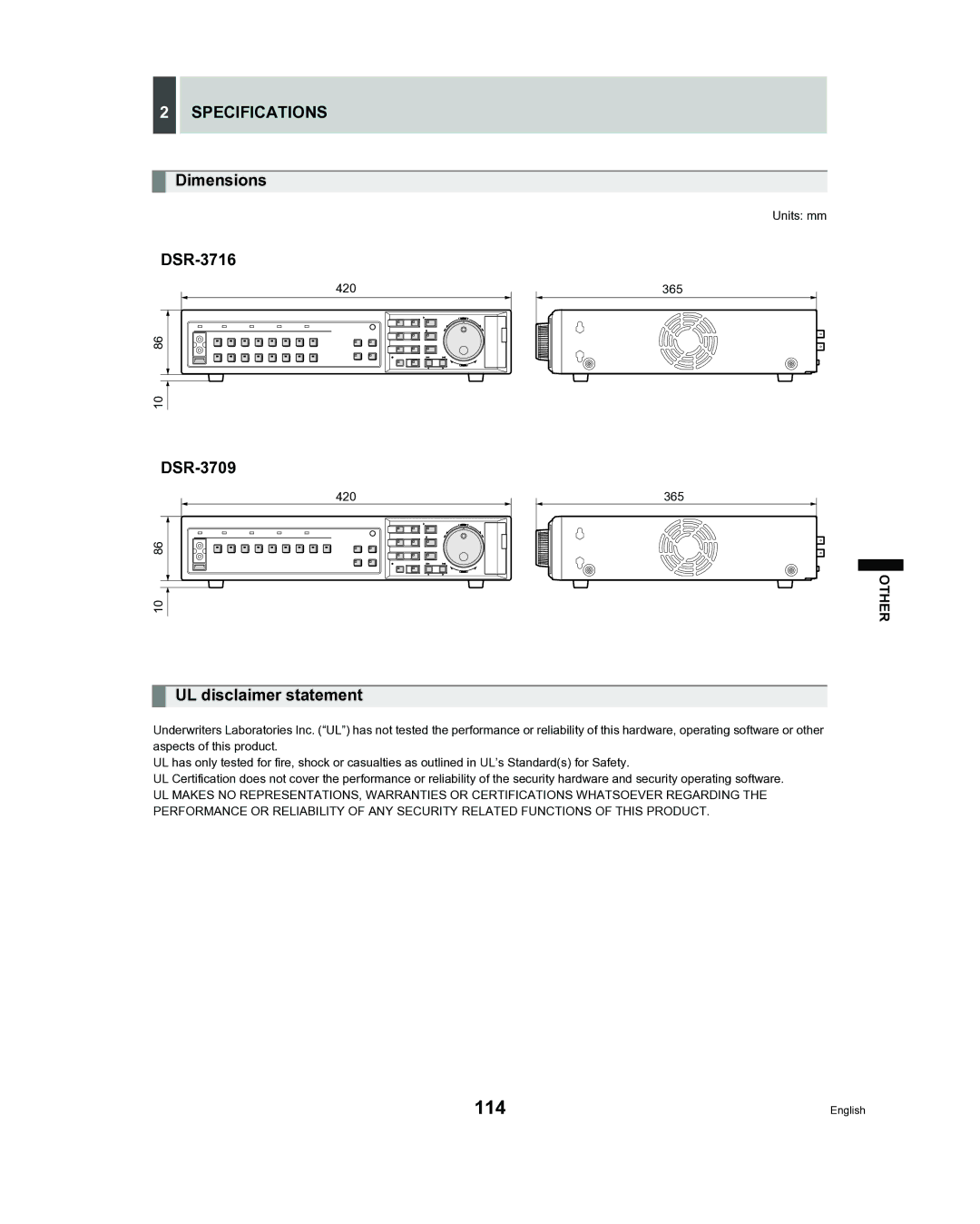 Sanyo DSR-3709, DSR-3716 instruction manual Specifications Dimensions, UL disclaimer statement, Units mm, 420 365 