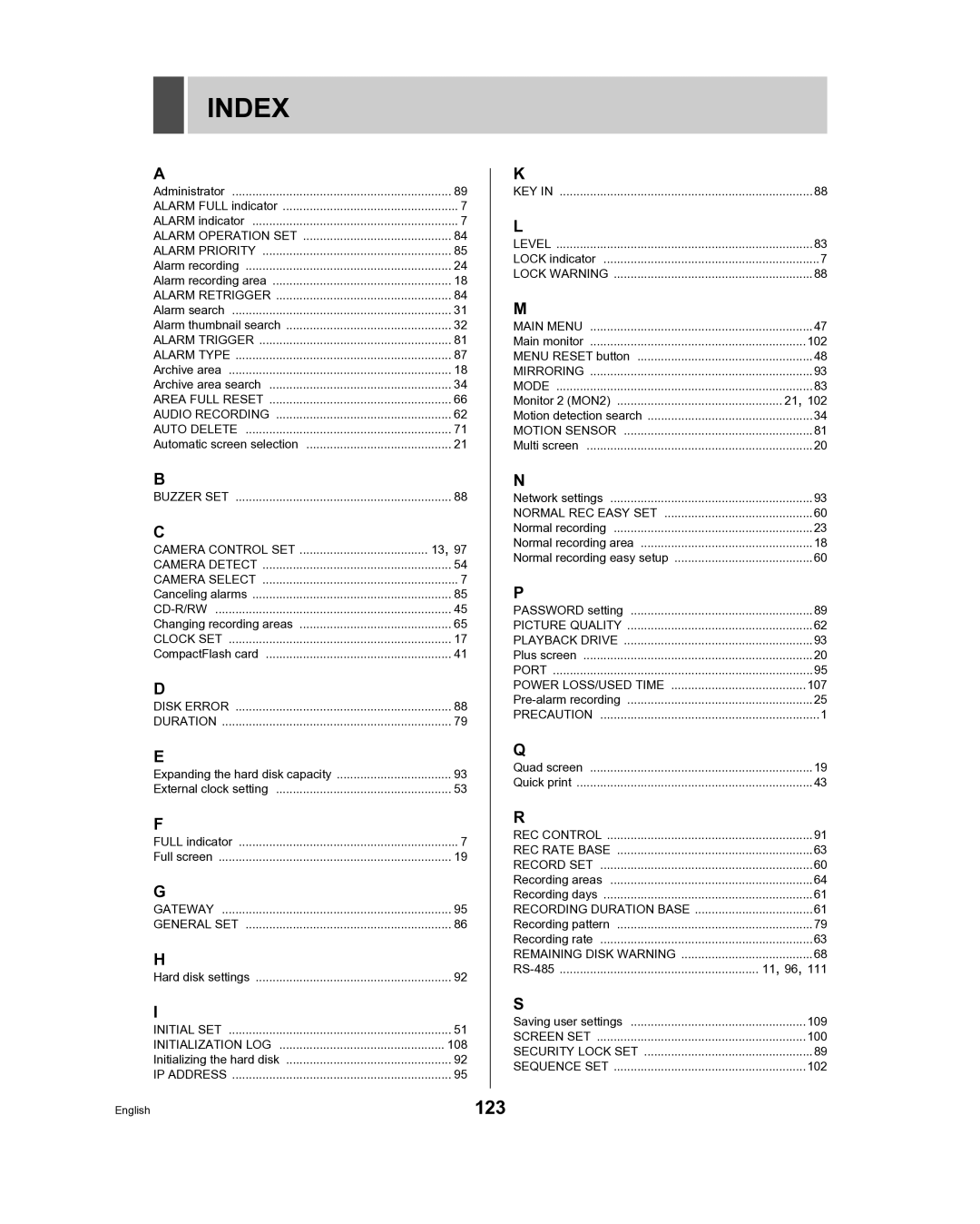 Sanyo DSR-3716, DSR-3709 instruction manual Index, 123 