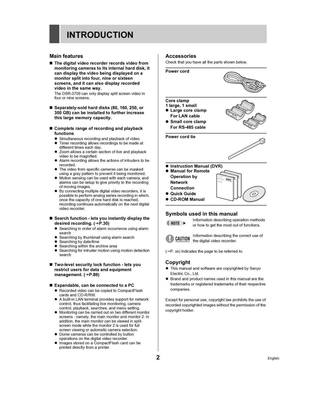 Sanyo DSR-3709, DSR-3716 instruction manual Introduction, Main features, Accessories, Symbols used in this manual, Copyright 