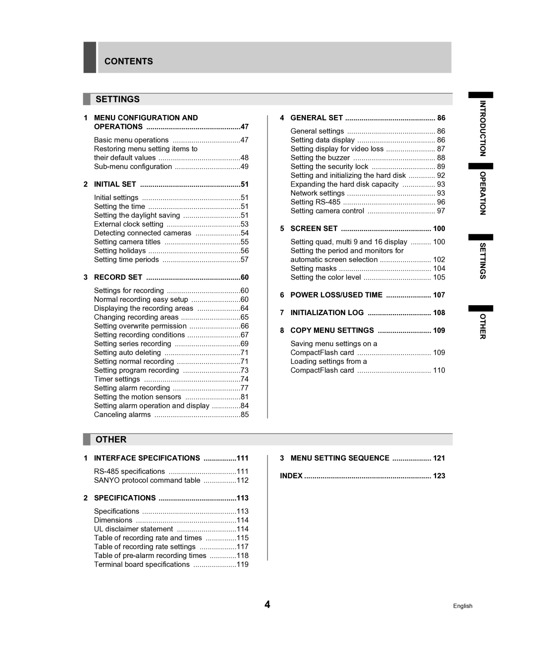 Sanyo DSR-3709, DSR-3716 instruction manual Contents Settings, Other 