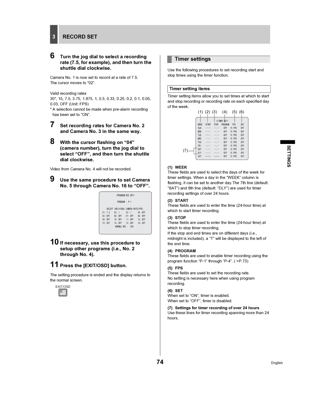 Sanyo DSR-3709, DSR-3716 instruction manual Timer settings, Timer setting items 