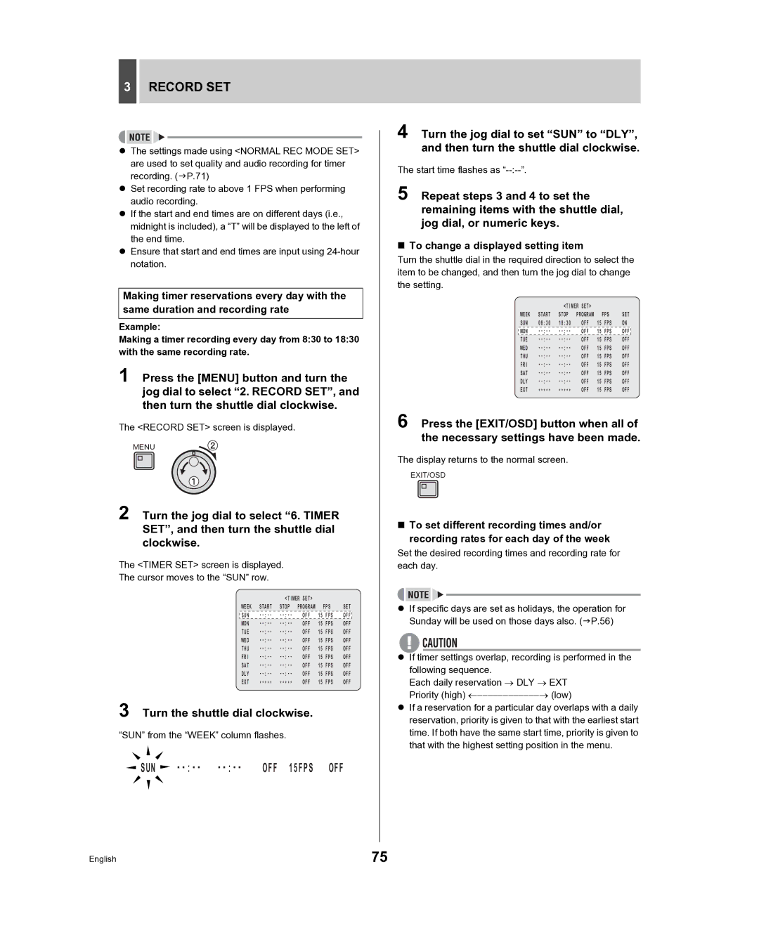 Sanyo DSR-3716, DSR-3709 „ To change a displayed setting item, Timer SET screen is displayed Cursor moves to the SUN row 