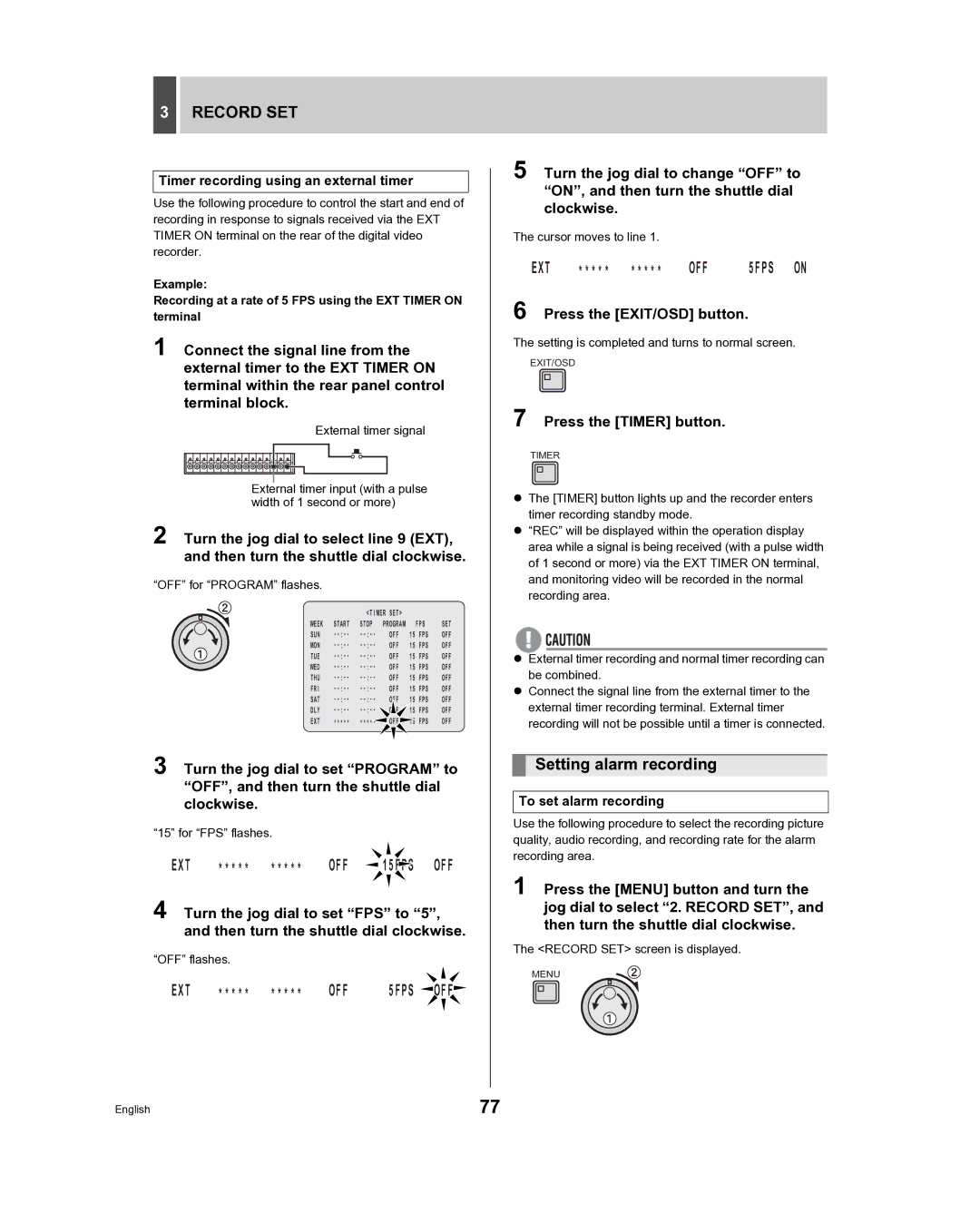 Sanyo DSR-3716, DSR-3709 Setting alarm recording, Timer recording using an external timer, To set alarm recording 