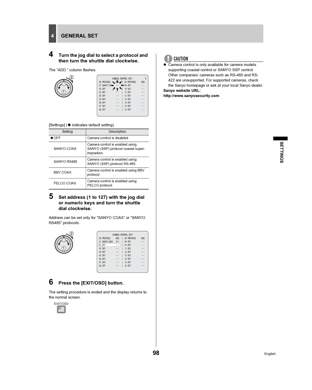 Sanyo DSR-3709, DSR-3716 instruction manual ADD. column flashes, Sanyo Coax, Sanyo RS485, BBV Coax, Pelco Coax 