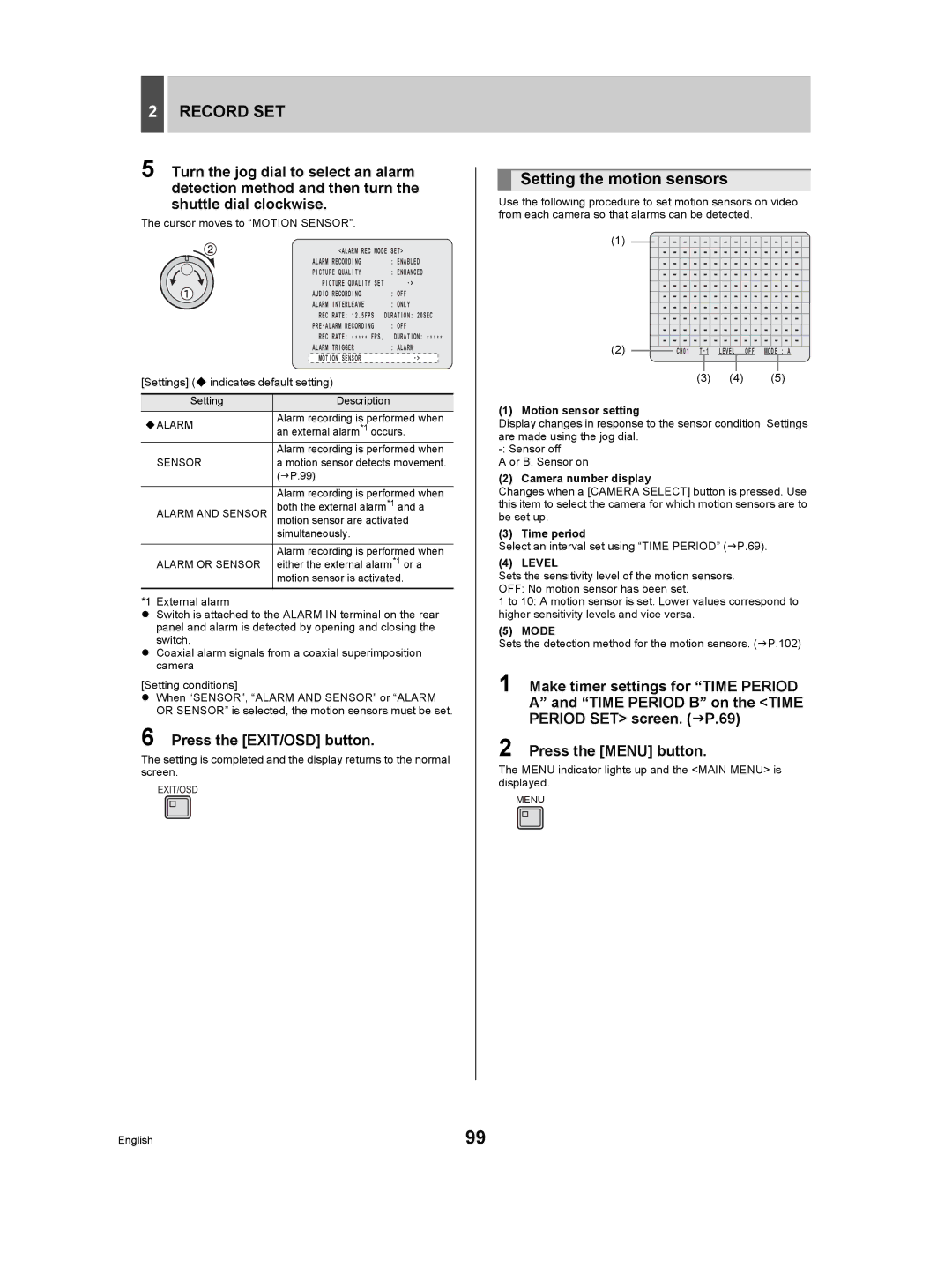 Sanyo DSR-5009P instruction manual Setting the motion sensors, Level 