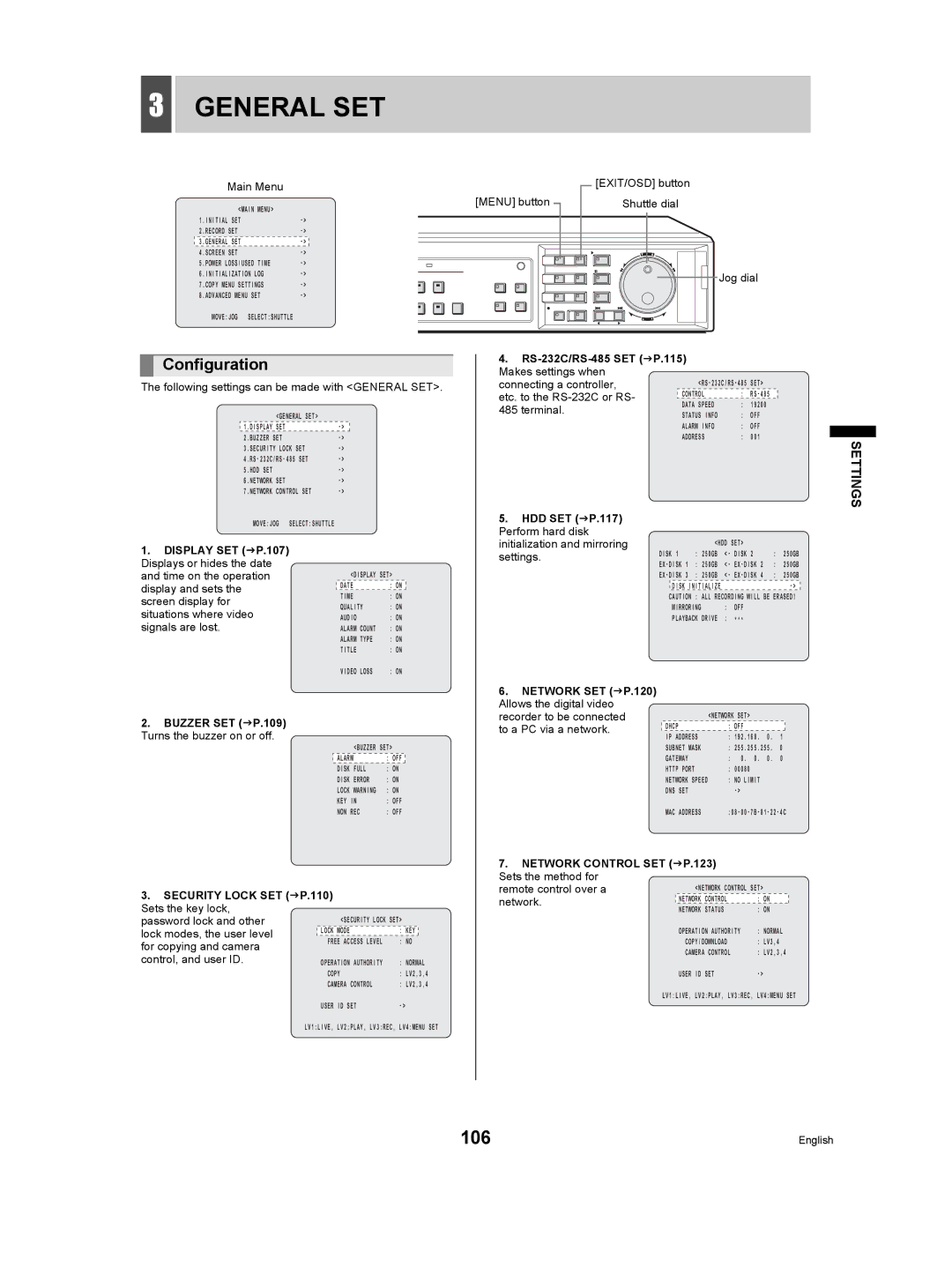 Sanyo DSR-5009P instruction manual General SET, 106, RS-232C/RS-485 SET JP.115 Makes settings when, HDD SET JP.117 