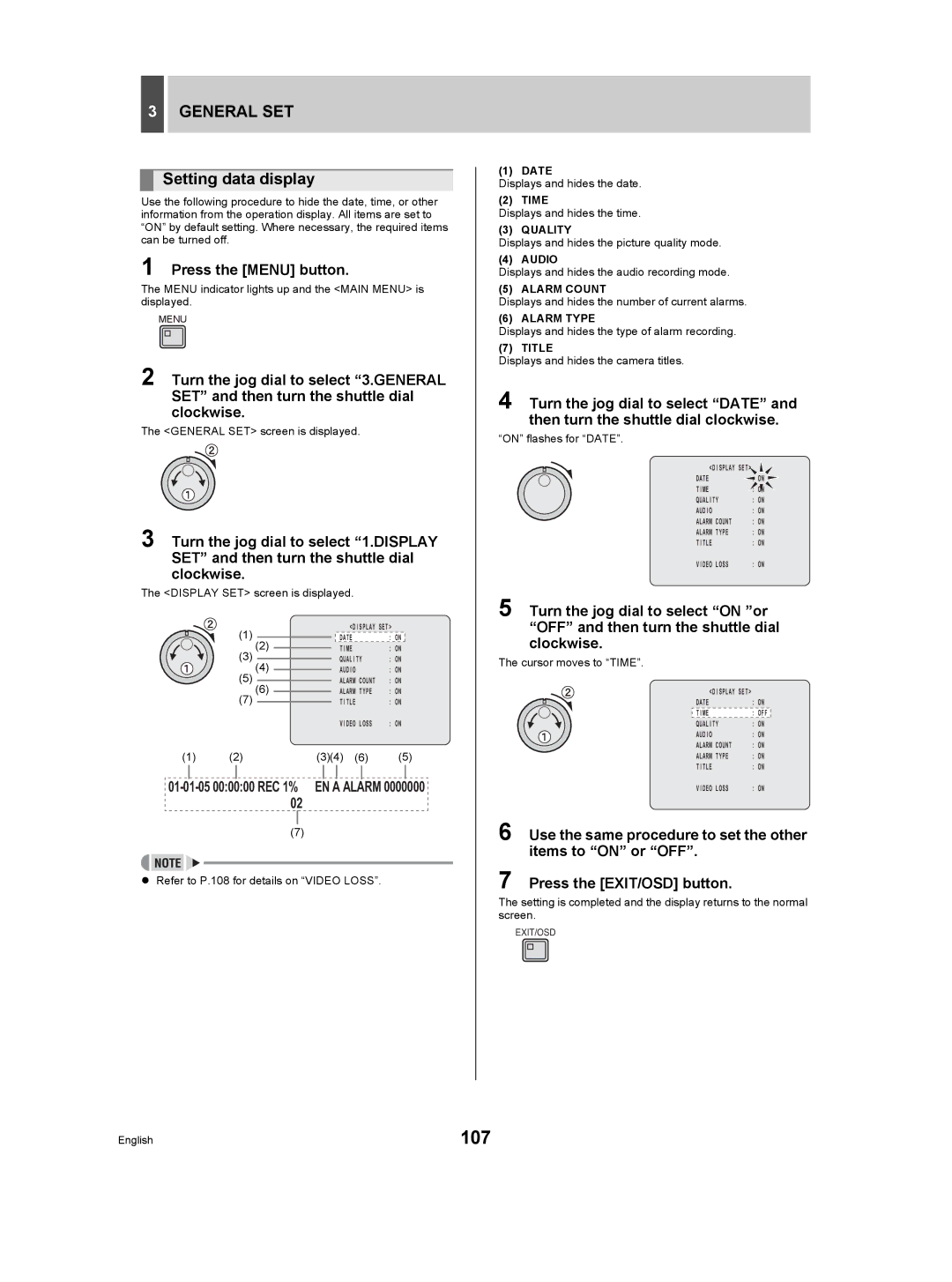 Sanyo DSR-5009P instruction manual 107, General SET, Setting data display 