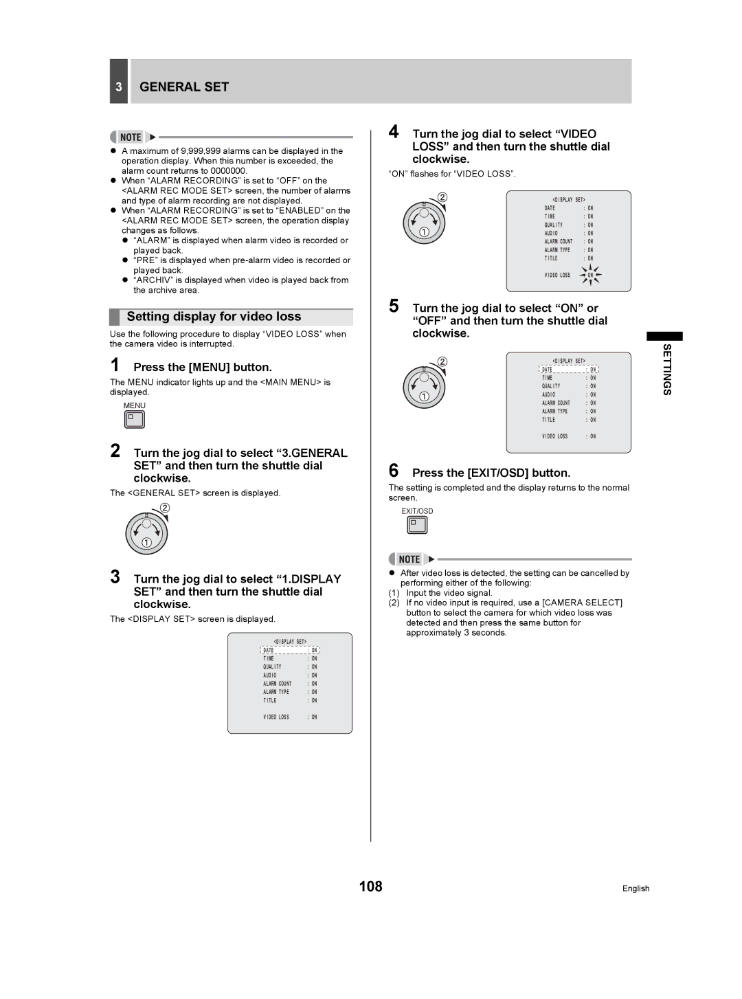 Sanyo DSR-5009P instruction manual 108, Setting display for video loss, On flashes for Video Loss 