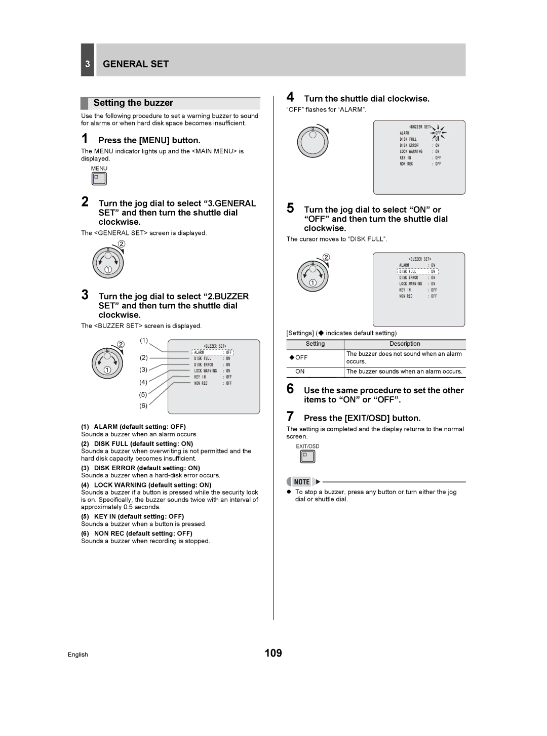 Sanyo DSR-5009P instruction manual 109, Setting the buzzer 