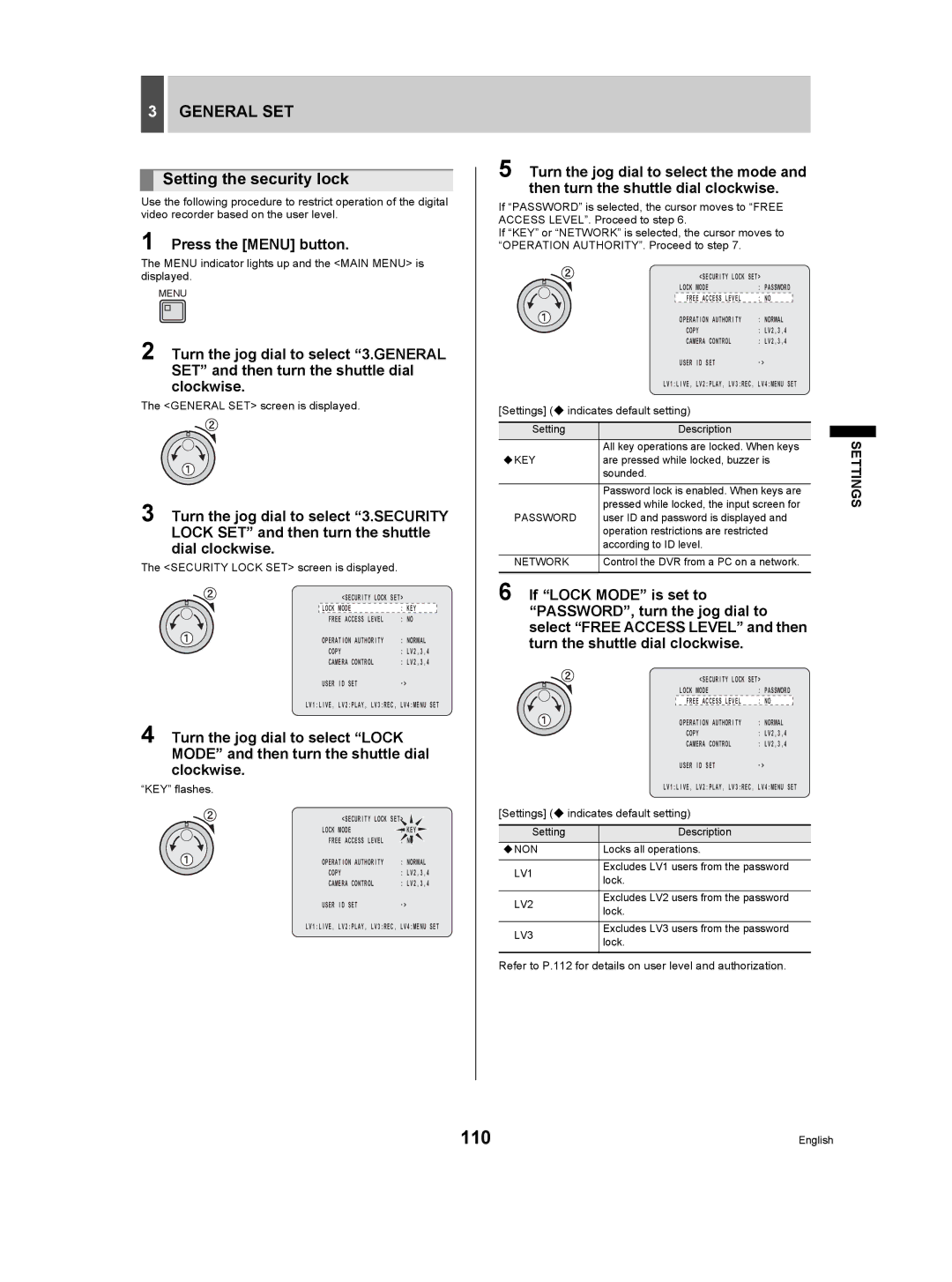 Sanyo DSR-5009P instruction manual 110, Setting the security lock 