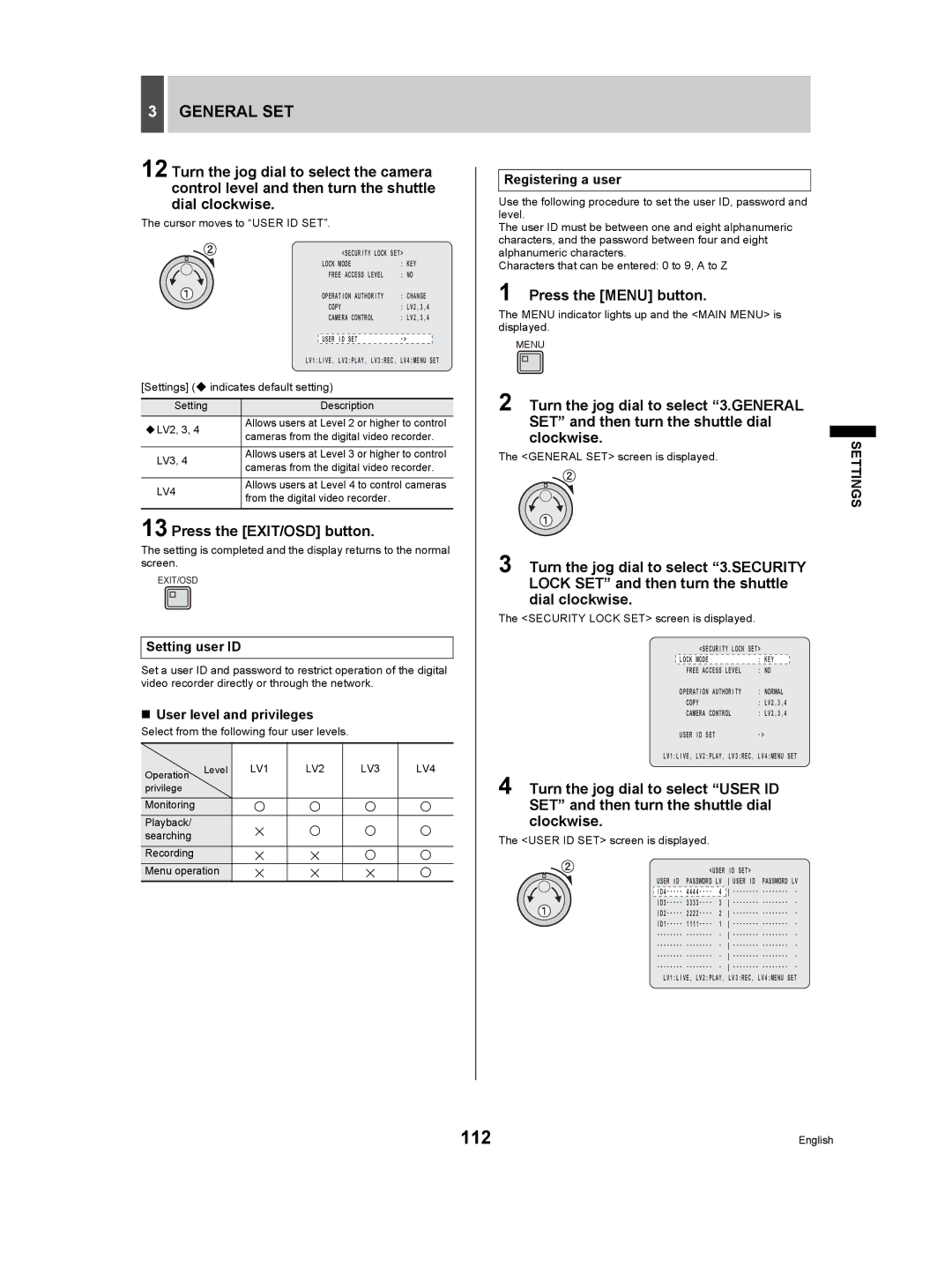 Sanyo DSR-5009P instruction manual 112, Setting user ID, „ User level and privileges, Registering a user, LV1 LV2 LV3 